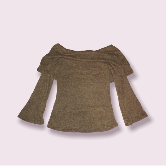 mocha brown sweater off the shoulder flare sleeve bell sleeve - Picture 1 of 4